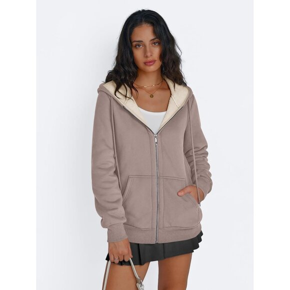 Womens Coffe egreyFleece Lined Zip Up Hoodie Jacket Winter Sweatshirt Fall Coat - Picture 2 of 5